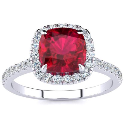 Ruby Ring: 2 Carat Cushion Cut Created Ruby and Halo Diamond Ring In Sterling Silver