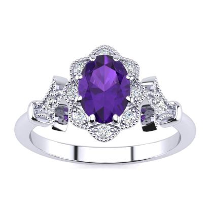 Amethyst Ring: 1 Carat Oval Shape Amethyst and Halo Diamond Ring In Sterling Silver