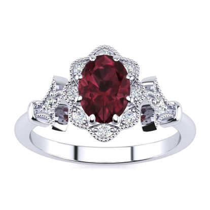 Garnet Ring: 1 Carat Oval Shape Garnet and Halo Diamond Ring In Sterling Silver