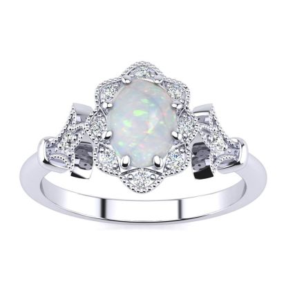 Opal Ring: 1 Carat Oval Shape Created Opal and Halo Diamond Ring In Sterling Silver