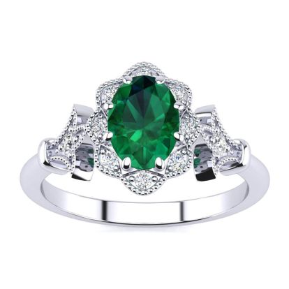 Emerald Ring: 1 Carat Oval Shape Created Emerald and Halo Diamond Ring In Sterling Silver