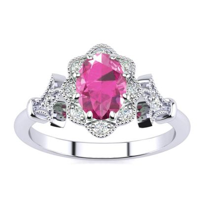 Pink Sapphire Ring: 1 Carat Oval Shape Created Pink Sapphire and Halo Diamond Ring In Sterling Silver