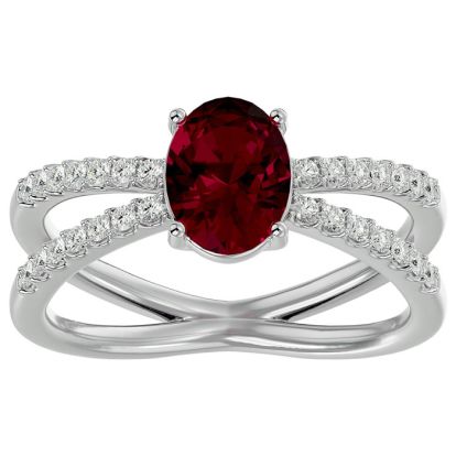 Ruby Ring: 1 1/2 Carat Oval Shape Created Ruby and Halo Diamond Ring In Sterling Silver