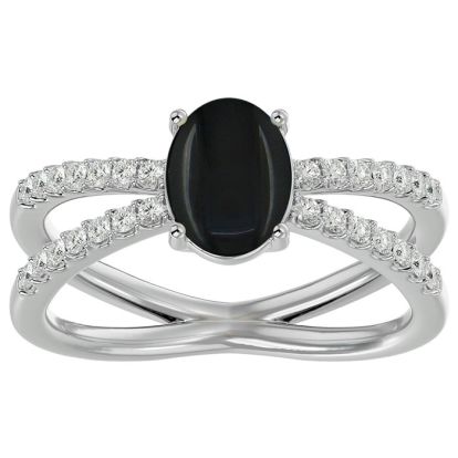 Black Onyx Ring: 1 1/2 Carat Oval Shape Black Onyx and Halo Diamond Ring In Sterling Silver