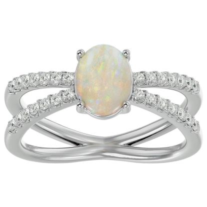 Opal Ring: 1 1/2 Carat Oval Shape Created Opal and Halo Diamond Ring In Sterling Silver