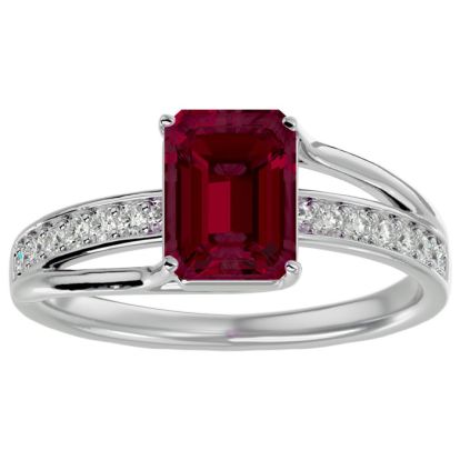 Ruby Ring: 1 3/4 Carat Emerald Shape Created Ruby and Diamond Ring In Sterling Silver