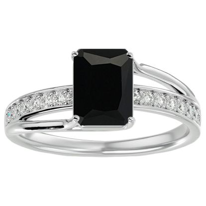 Black Onyx Ring: 1 3/4 Carat Emerald Shape Black Onyx and Diamond Ring In Sterling Silver