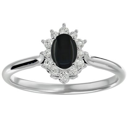 Black Onyx Ring: 2/3 Carat Oval Shape Black Onyx and Halo Diamond Ring In Sterling Silver