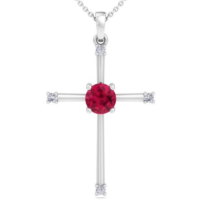 1/2 Carat Ruby and Diamond Cross Necklace In Sterling Silver, 18 Inches