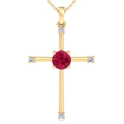 1/2 Carat Ruby and Diamond Cross Necklace In 14K Yellow Gold Over Sterling Silver, 18 Inches