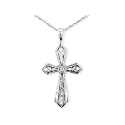 Filigree Diamond Cross Pendant in 10k White Gold