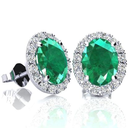 2 1/4 Carat Oval Shape Emerald and Halo Diamond Earrings In Sterling Silver