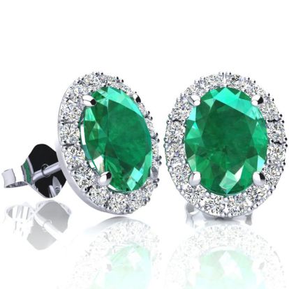 2 3/4 Carat Oval Shape Emerald and Halo Diamond Earrings In Sterling Silver