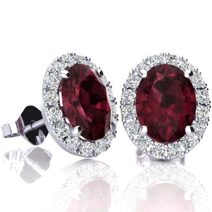 2 3/4 Carat Oval Shape Garnet and Halo Diamond Earrings In Sterling Silver