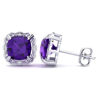 2 Carat Cushion Cut Amethyst and Diamond Earrings In Sterling Silver