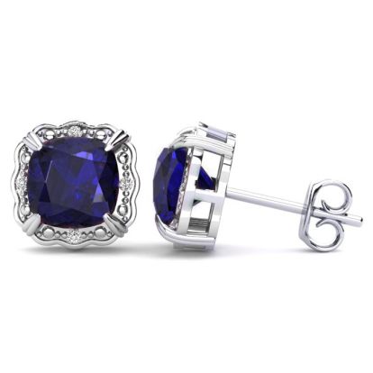 2 Carat Cushion Cut Sapphire and Diamond Earrings In Sterling Silver