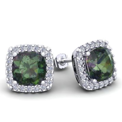 2 1/4 Carat Cushion Cut Mystic Topaz and Halo Diamond Earrings In Sterling Silver