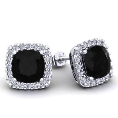 2 1/4 Carat Cushion Cut Black Onyx and Halo Diamond Earrings In Sterling Silver