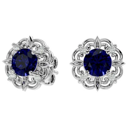 2 Carat Sapphire and Diamond Antique Stud Earrings In Sterling Silver