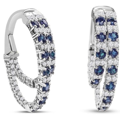 2 1/2 Carat Sapphire and Diamond Hoop Earrings In 14 Karat White Gold, 1 Inch