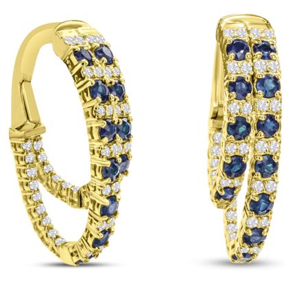 2 1/2 Carat Sapphire and Diamond Hoop Earrings In 14 Karat Yellow Gold, 1 Inch