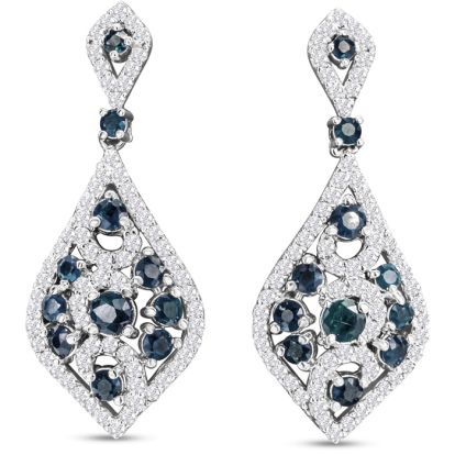 2 Carat Sapphire and Diamond Drop Earrings In 14 Karat White Gold, 1 1/4 Inch
