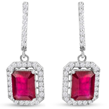 4 1/2 Carat Ruby and Diamond Drop Earrings In 14 Karat White Gold, 1 1/4 Inch
