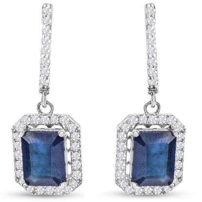 4 1/2 Carat Sapphire and Diamond Drop Earrings In 14 Karat White Gold, 1 1/4 Inch