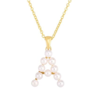 Letter A Pearl Initial Necklace In 14K Yellow Gold With Free 18 Inch Cable Chain