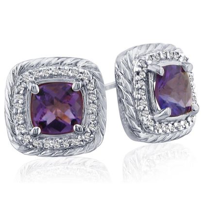 2 3/4 Carat Cushion Cut Amethyst and Diamond Earrings In Sterling Silver