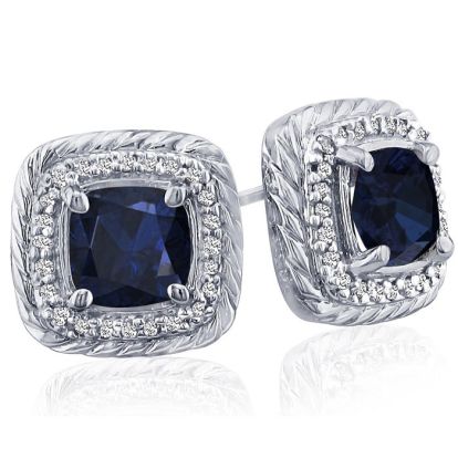 2 3/4 Carat Cushion Cut Sapphire and Diamond Earrings In Sterling Silver