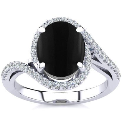 Black Onyx Ring: 2 3/4 Carat Oval Shape Black Onyx and Halo Diamond Ring In Sterling Silver