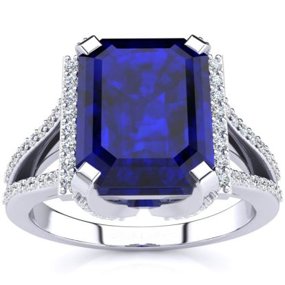 Sapphire Ring: 4 Carat Emerald Shape Created Sapphire and Diamond Ring In Sterling Silver