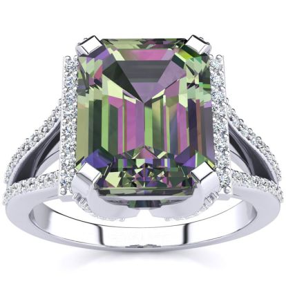 Mystic Topaz Ring: 4 Carat Emerald Shape Mystic Topaz and Diamond Ring In Sterling Silver
