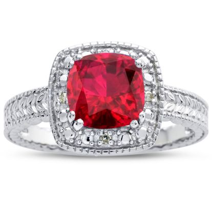 Ruby Ring: 1 1/4 Carat Cushion Cut Created Ruby and Halo Diamond Ring In Sterling Silver