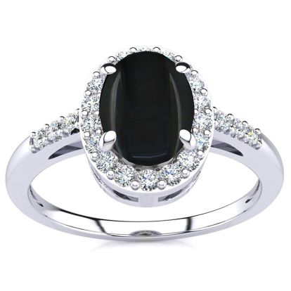 Black Onyx Ring: 1 Carat Oval Shape Black Onyx and Halo Diamond Ring In Sterling Silver