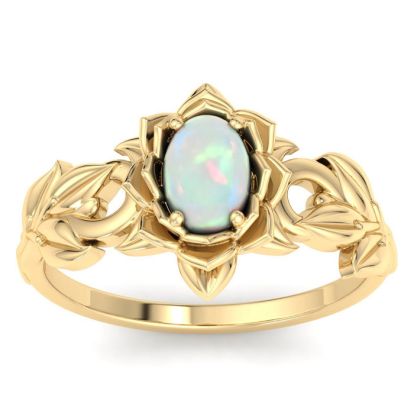 3/4 Carat Oval Shape Opal Ring with Floral Design In 14K Yellow Gold
