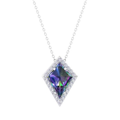 1-3/4 Carat Kite Shape Mystic Topaz Necklace And Diamond Halo In 14 Karat White Gold, 18 Inches