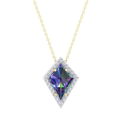 1-3/4 Carat Kite Shape Mystic Topaz Necklace And Diamond Halo In 14 Karat Yellow Gold, 18 Inches