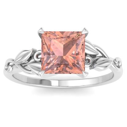 1-1/2 Carat Princess Shape Morganite Ornate Ring In 14K White Gold