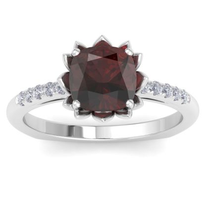 Garnet Ring: 1 1/2 Carat Cushion Cut Garnet and Diamond Ring