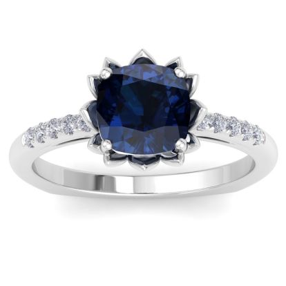 Sapphire Ring: 1 1/2 Carat Cushion Cut Sapphire and Diamond Ring