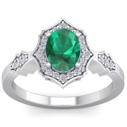 Emerald Ring: 1 1/2 Carat Oval Shape Created Emerald and Halo Diamond Ring In Sterling Silver