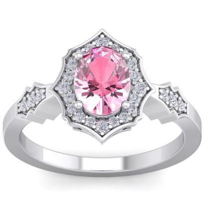 Pink Sapphire Ring: 1 1/2 Carat Oval Shape Created Pink Sapphire and Halo Diamond Ring In Sterling Silver