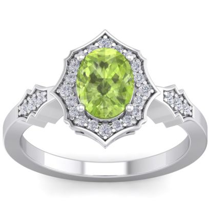 Peridot Ring: 1 1/2 Carat Oval Shape Peridot and Halo Diamond Ring In Sterling Silver