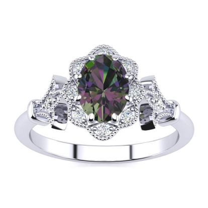 Mystic Topaz Ring: 1 Carat Oval Shape Mystic Topaz and Halo Diamond Ring In Sterling Silver