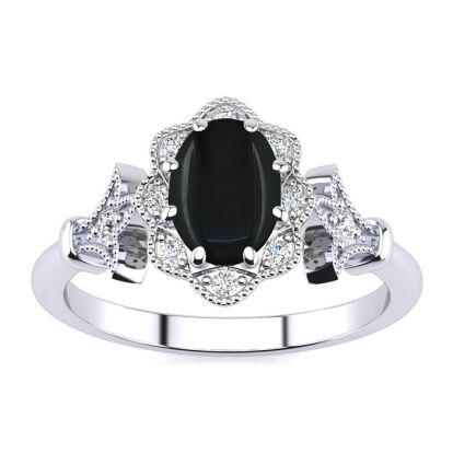 Black Onyx Ring: 1 Carat Oval Shape Black Onyx and Halo Diamond Ring In Sterling Silver
