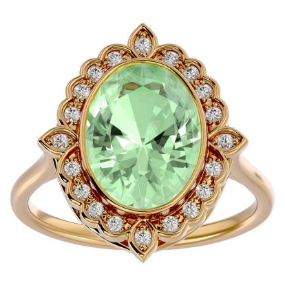 1 1/4 Carat Oval Shape Green Amethyst and Halo Diamond Ring In 14 Karat Yellow Gold
