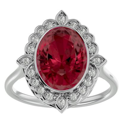 Garnet Ring: Garnet Jewelry: 1 3/4 Carat Oval Shape Garnet and Halo Diamond Ring In 14 Karat White Gold
