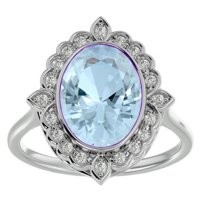 Aquamarine Ring: Aquamarine Jewelry: 1 1/3 Carat Oval Shape Aquamarine and Halo Diamond Ring In 14 Karat White Gold